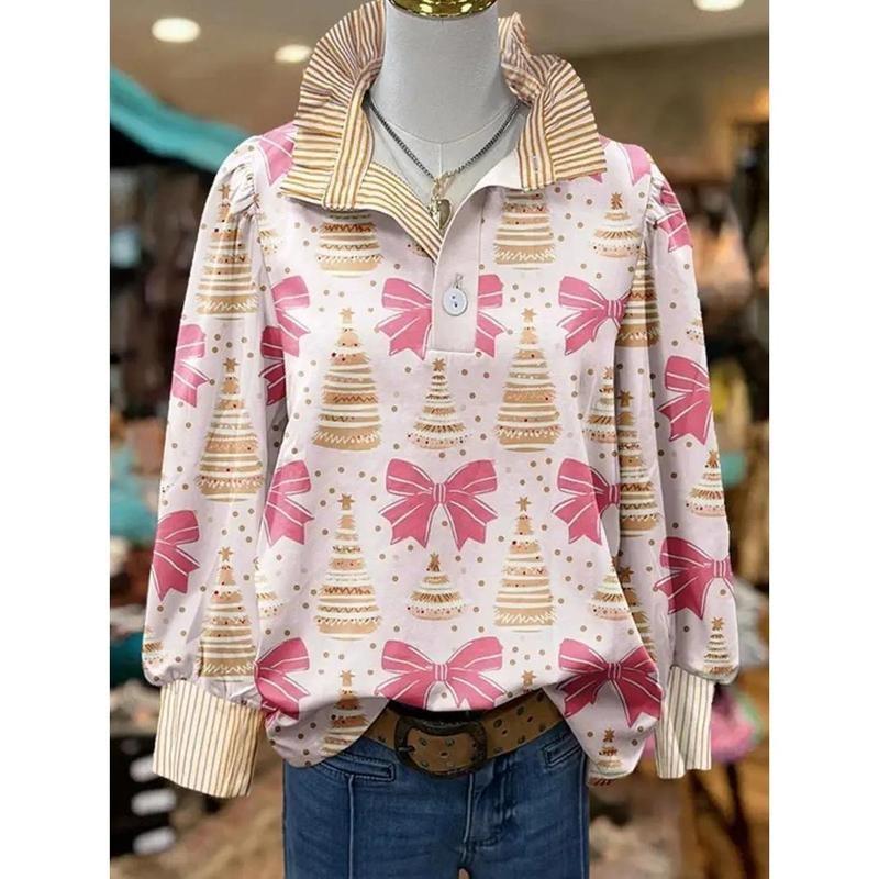 

Жіноча блузка в ретро різдвяний візерунок - відкладний комір, довгий рукав, вільний повсякденний силует, святковий топ з принтом ялинки, підходить для осені/зими 3XL чорний