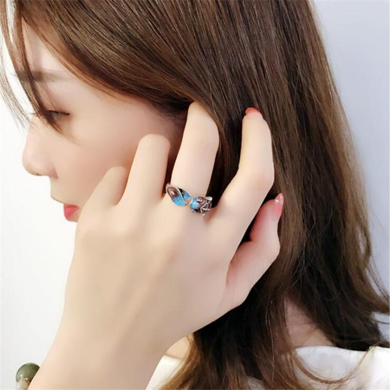 Creative Lucky Transfer Epoxy Blue Carp 925 Sterling Silver Jewelry Personality Colorful Fish Sweet Animal Opening Rings R318