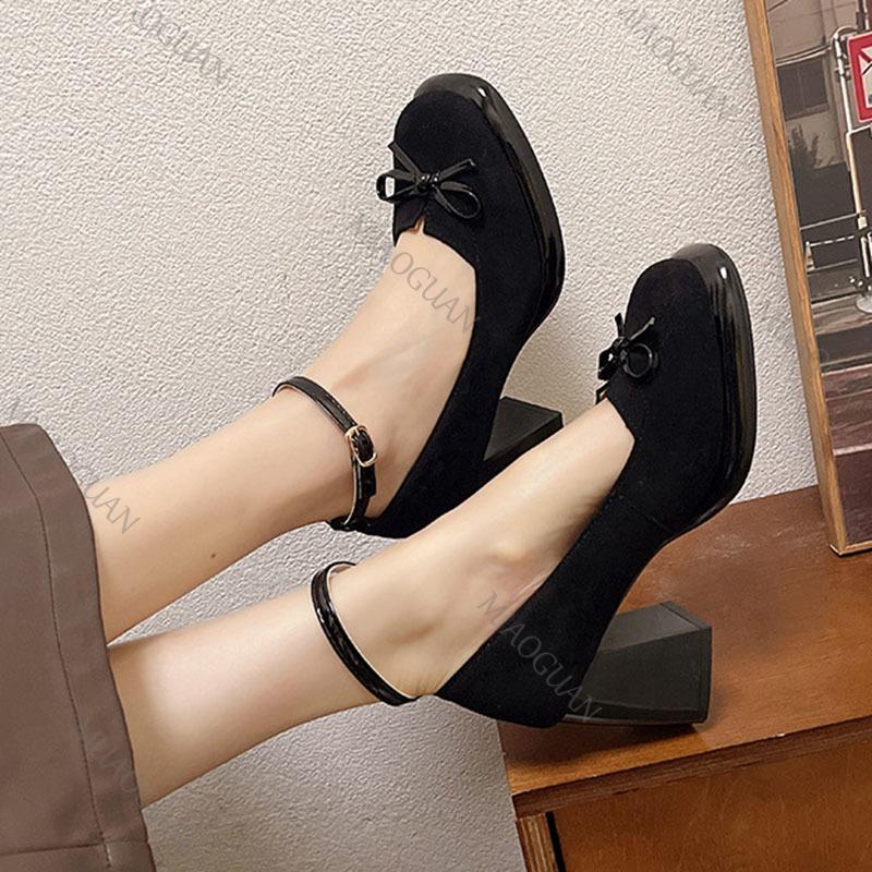 Fashion Retro French Thick Heel Temperament Mary Jane Shoes Women Suede Ankle Buckle Pumps Bow Thick High Heels Elegant Women's Shoes