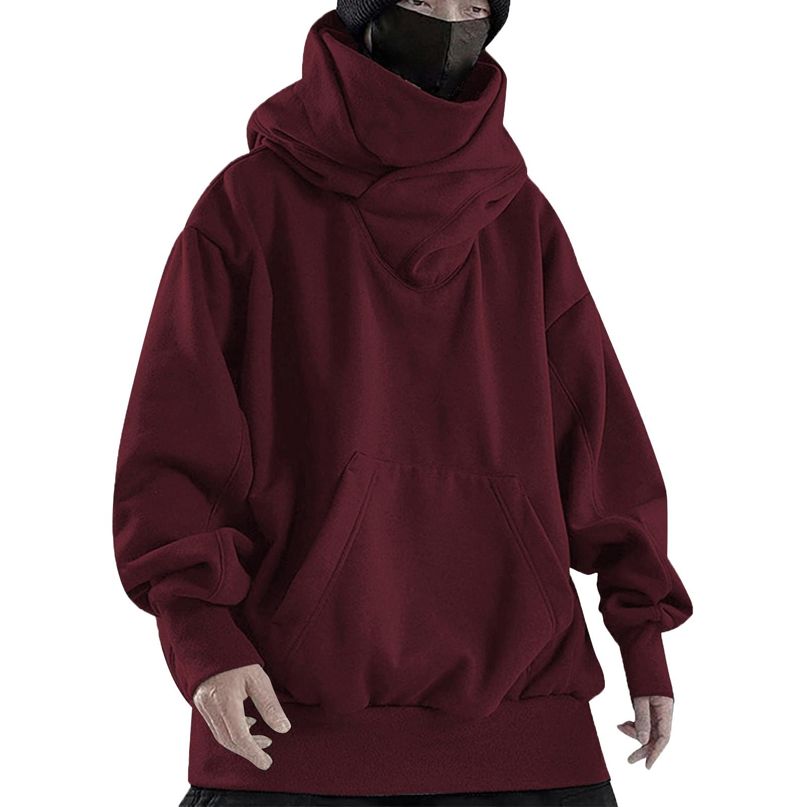 

Мужская однотонная винтажная свободная толстовка-пуловер с капюшоном и высоким воротом в стиле хип-хоп XXL винный