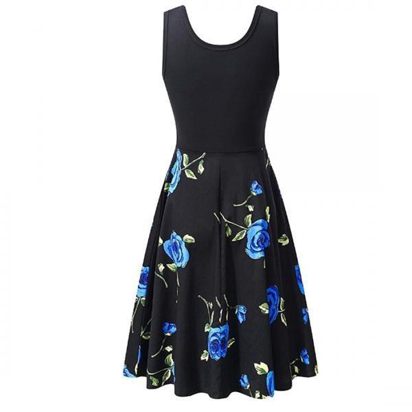Robe d'été sans manches en coton à imprimé floral rétro pour femme, col rond, style vintage