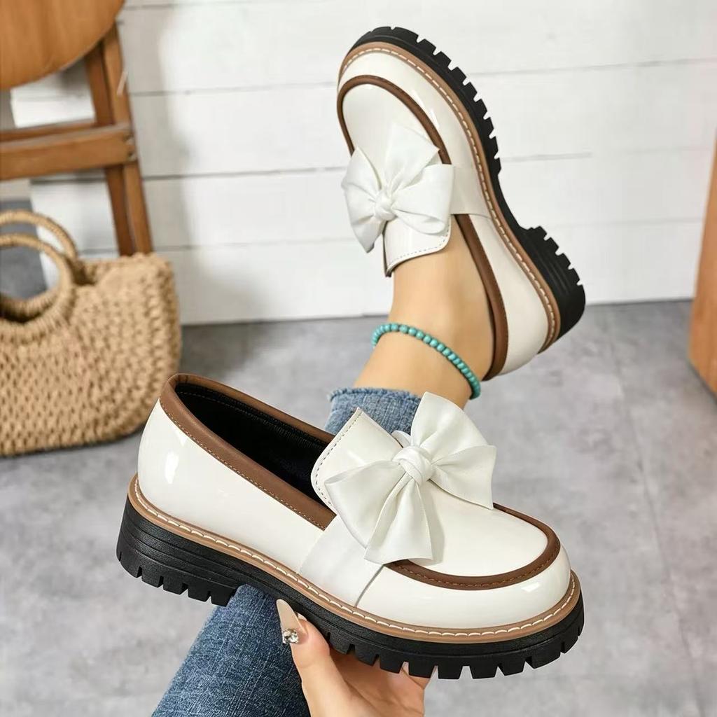 Plus Size 36-43 Shoes for Women FashionThick Bottom Ladies Slip on Bow Leather Loafers Non-slip Work Comfort Flats Sneakers