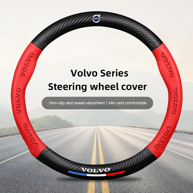 38cm Carbon Fiber Leather Car Steering Wheel Cover For Volvo V60 V40 XC90 S60 C30 V50 V70 S90 Auto Interior Accessories Keychain