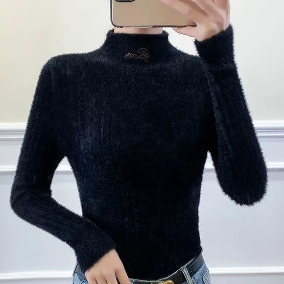 

Пушистый свитер, женский свитер с высоким воротом, джемпер, свитера с вышитыми буквами, теплый топ, осень-зима, толстая трикотажная нижняя рубашка XXXL чёрный