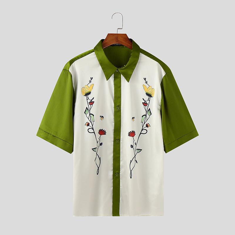 

INCERUN Summer Oversized Men Lapel Short Sleeve Stitching Print Casual Loose Shirts 4XL зелений