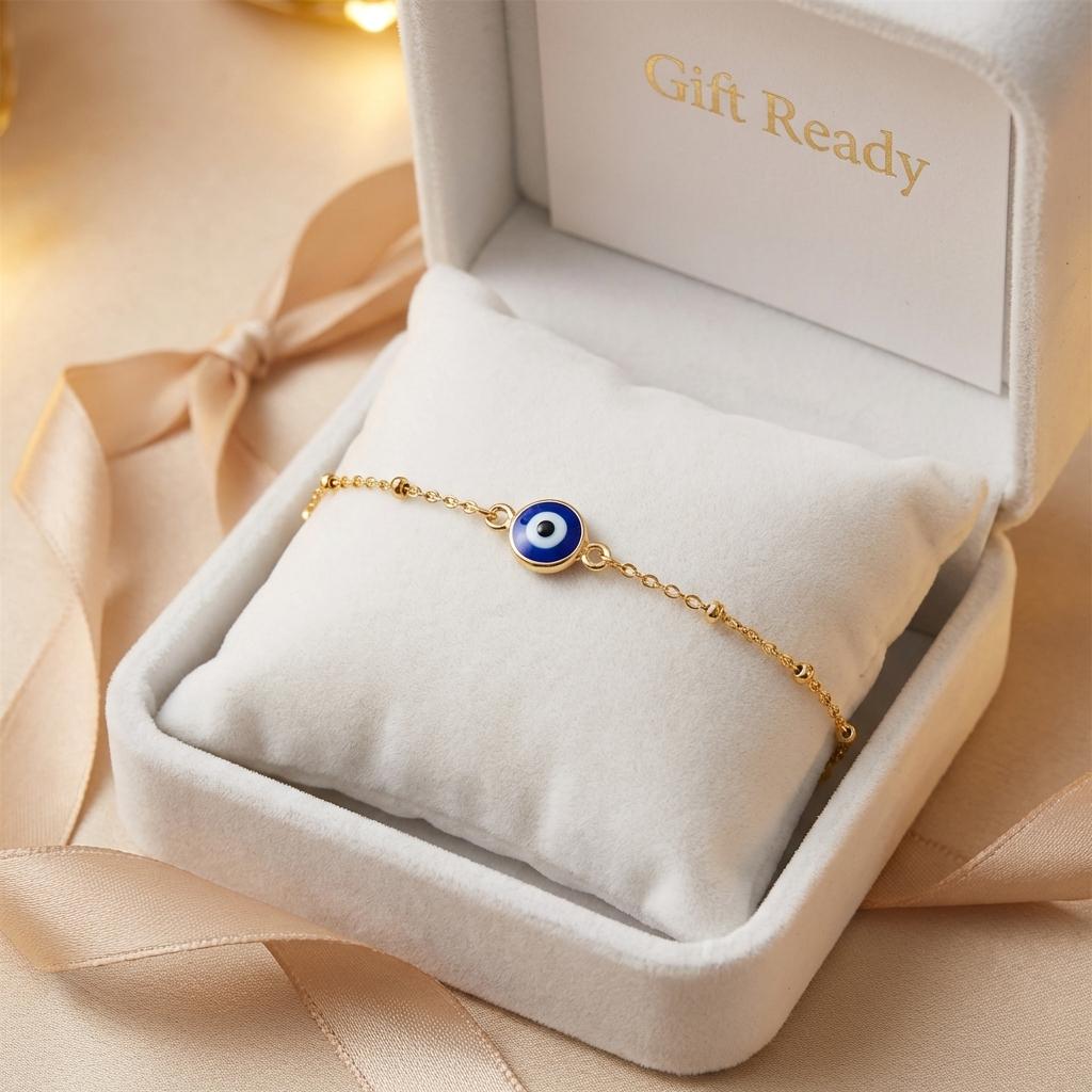 Lucky Evil Eye Inspired Bracelet for Women Blue Enamel Eye Charm Golden Tone Adjustable Wrist Jewelry Friendship Gift