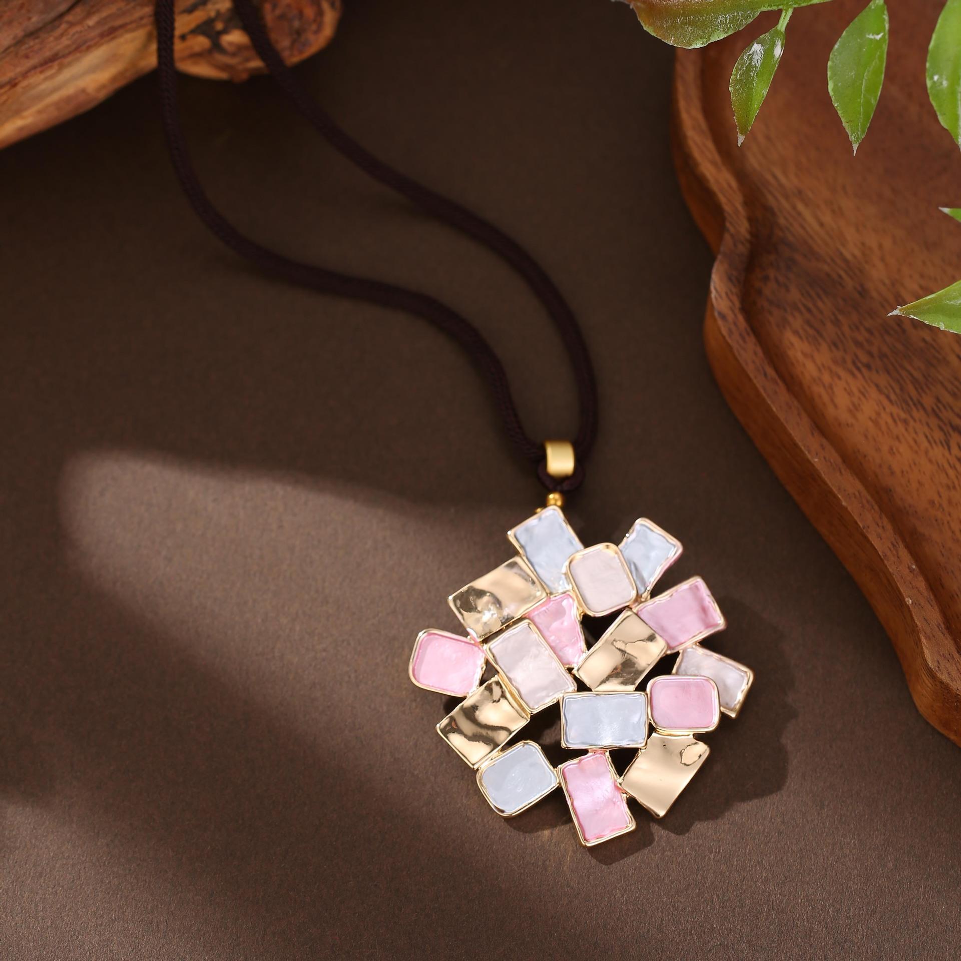 

New color painting oil exaggerated geometric square braided rope long pendant, women s retro versatile long necklace