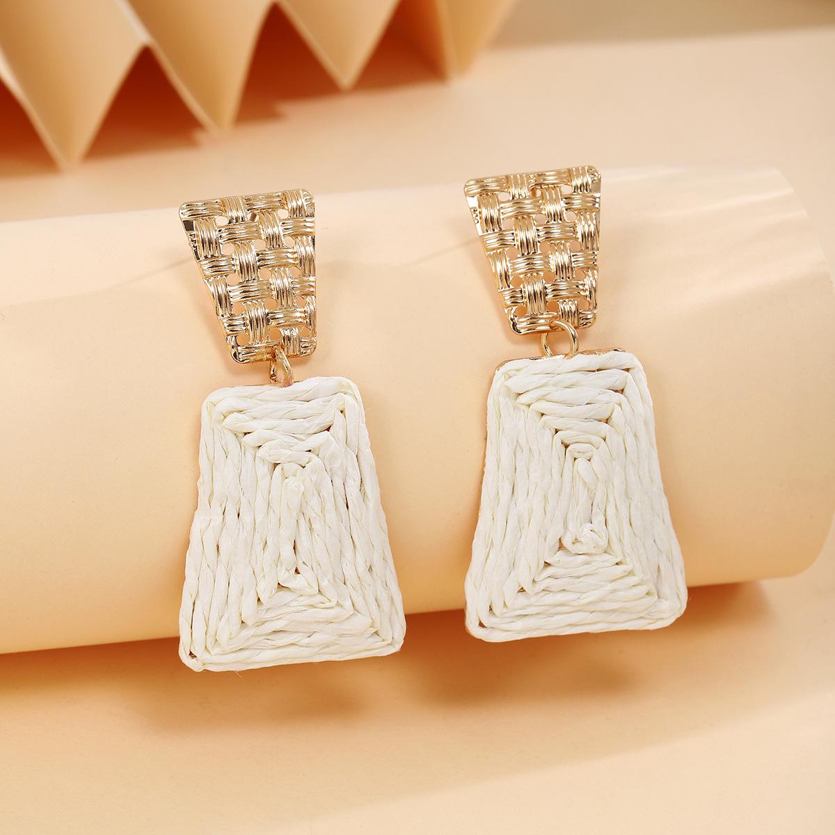 

Personalized Bohemian Geometric Square Earrings, Retro Hand-Woven Raffia Earrings For Women