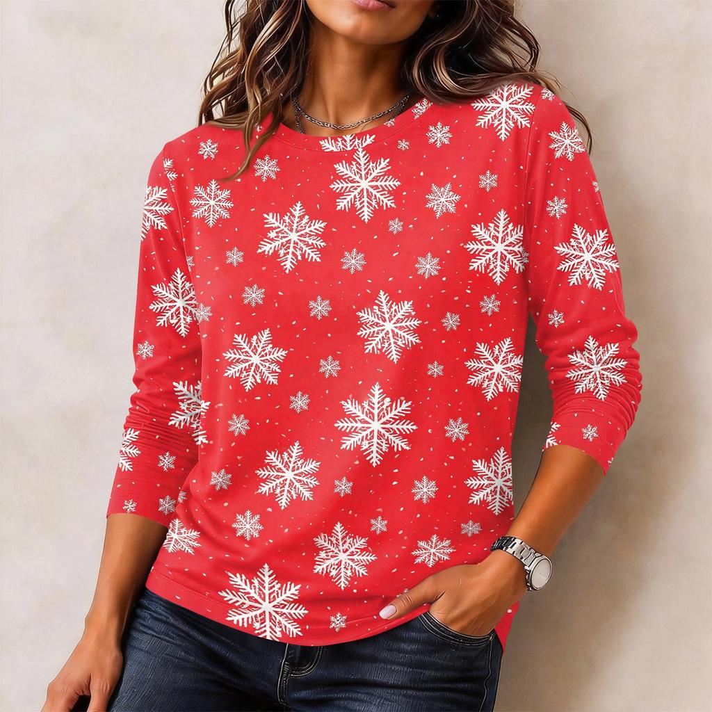 Women's Christmas Print Long Sleeve Neck Pullover Top