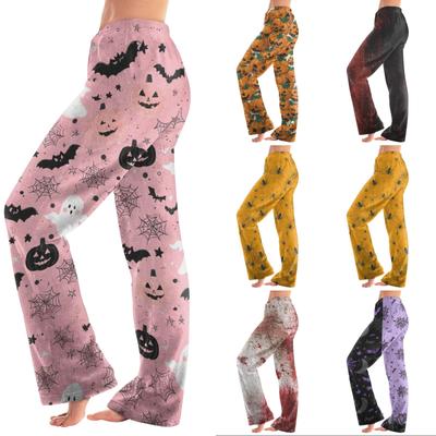 Women's Halloween Print Plush Lounge Pants Soft Elastic Waistband Casual Pajama Bottoms Comfortable Fit Relaxed Style