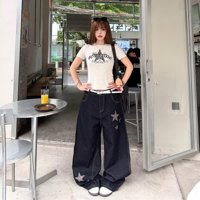 2026 Washed Distressed Denim Pants Women Wide Leg Loose Fit Embroidered Star Design