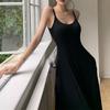 Sexy Low Collar Spaghetti Strap Dress Women Slim Fit Black Long Beach Dresses Woman Buttons Sleeveless Maxi Sundress