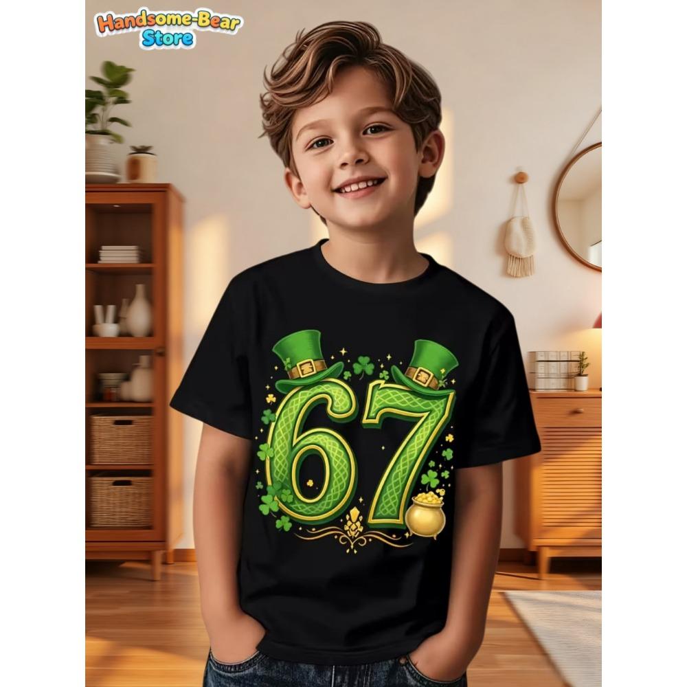 Six Seven Bruh 67 Meme Kids Clothes Happy St. Patrick's Day Girl Boy T-Shirt Children's Clover Irish Day Crew Neck Short Sleeves