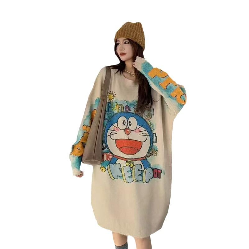 Doraemon Women's Loose-Fit Rhinestone Sweater Dress - Autumn/Winter Collection