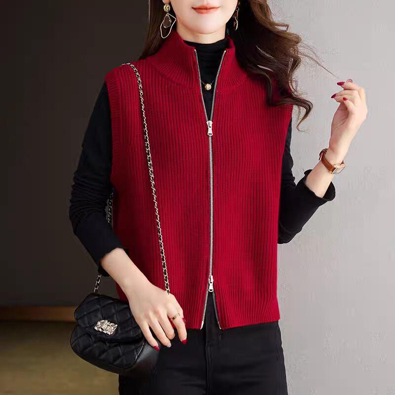 DIMANAF 2025 Autumn Winter Women Sweaters Vest Tops Knitted Basic Sleeveless Zipper Outerwear