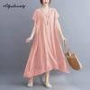Korean Style Plus Size Summer Women Midi Dress V Neck Black White Pink Blue Yellow Orange Loose Dress Short Sleeve Casual Basic Ladies' Dress