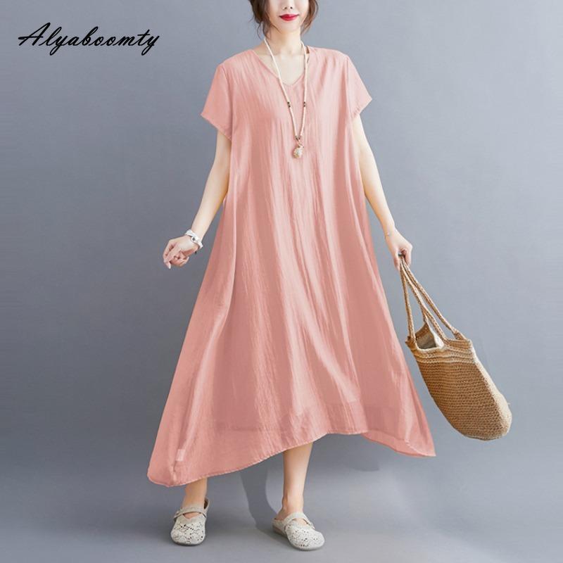 Korean Style Plus Size Summer Women Midi Dress V Neck Black White Pink Blue Yellow Orange Loose Dress Short Sleeve Casual Basic Ladies' Dress