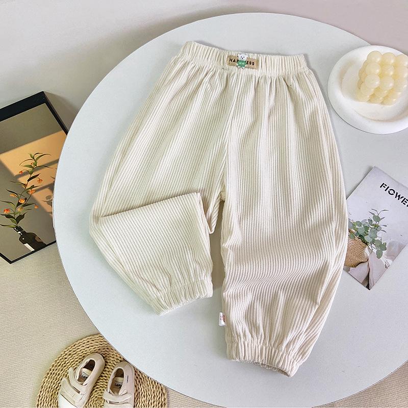 Pantalones deportivos de forro polar acanalado estilo coreano para niños con cintura elástica - Ropa deportiva casual
