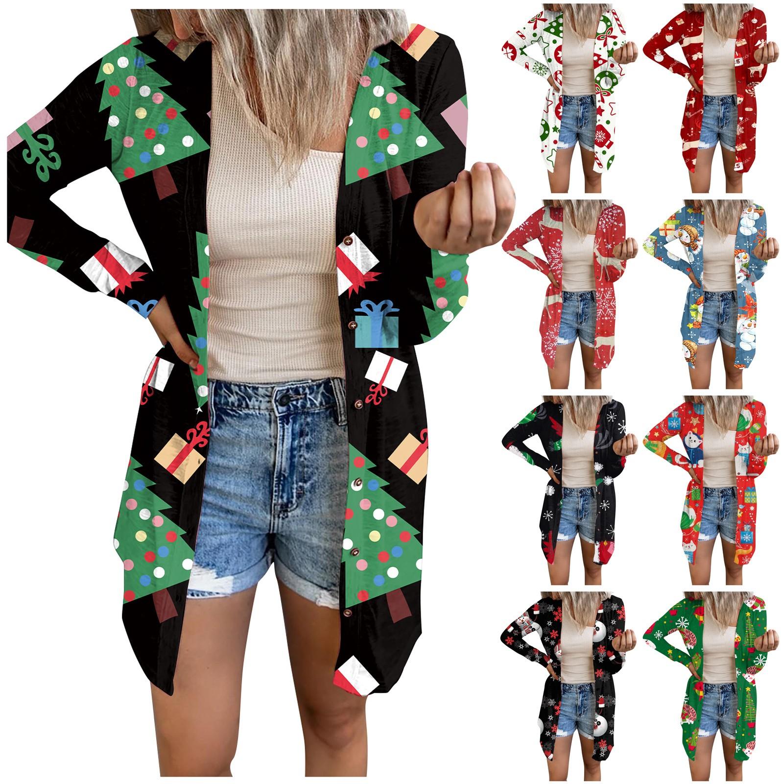 

Женская повседневная модная рождественская куртка-кардиган с пуговицами и длинными рукавами