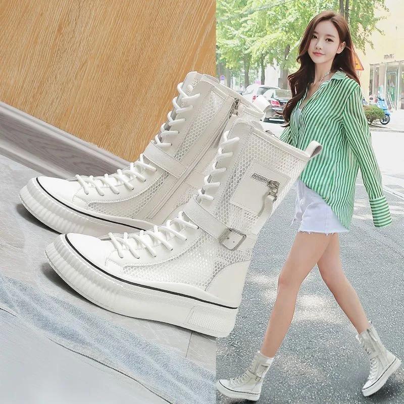 Summer High Top Women'S Shoes Knee High Boots Side Zipper Flats Vulcanized Shoes Lace-Up Comfortable Platform Sneakers