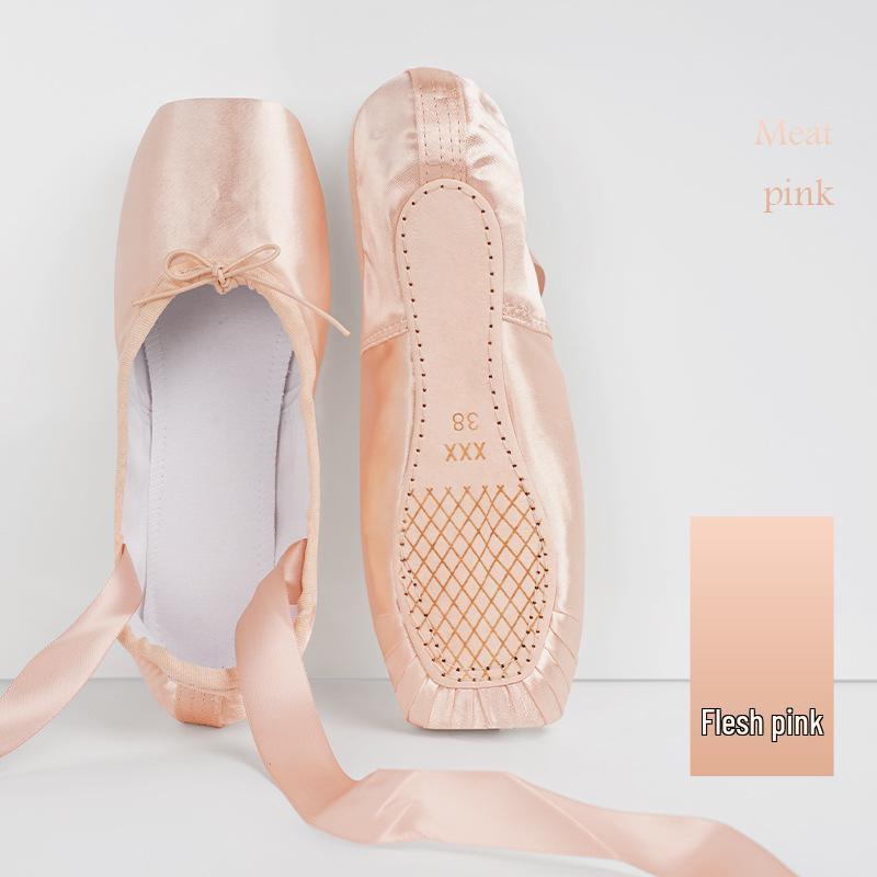 Dětské růžové saténové špičky pro začátečníky se stuhou - Tvrdá podrážka Dospělé taneční cvičky