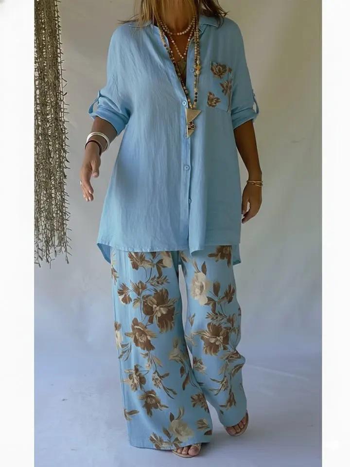 Spring Women's Floral Print Mid-Length Sleeve Top & Long Pants Set 2026