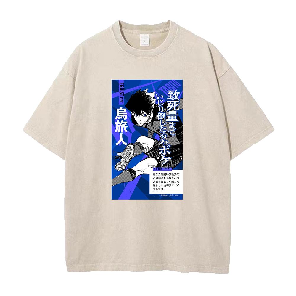 BLUE LOCK Anime Clothing Karasu Tabito Cool Print Washed T Shirt Men Street Cotton Tshirts Washed Manga Tee Harajuku T-shirt