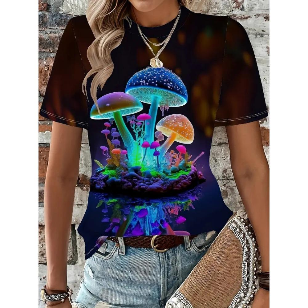 Petal Mushroom Pattern 3D Print T-Shirts Women's Short Sleeves Floral T Shirt Streetwear Y2k Harajuku Tees Tops Female Clothing