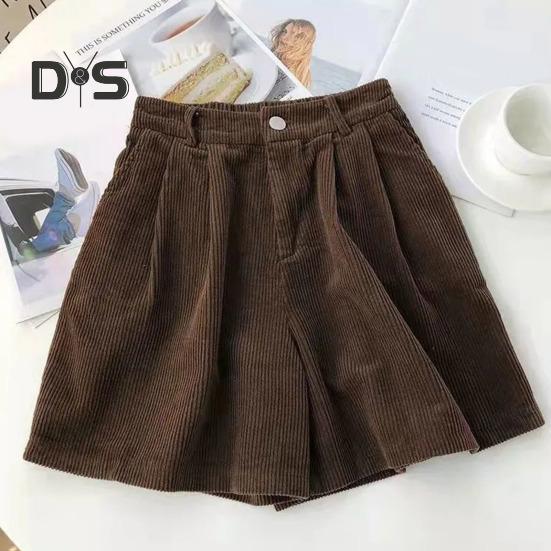Vintage-Cord-Damen-Shorts, elastisch, hohe Taille, Knopf, Reißverschluss, Shorts, Taschen, weites Bein, kurze Hose
