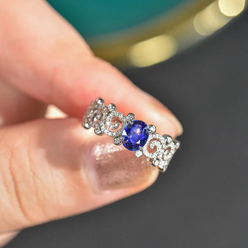Huitan Aesthetic Elegant Hollow Rings with Oval Blue Cubic Zirconia Wedding Anniversary Party Women Rings Luxury Trendy Jewelry