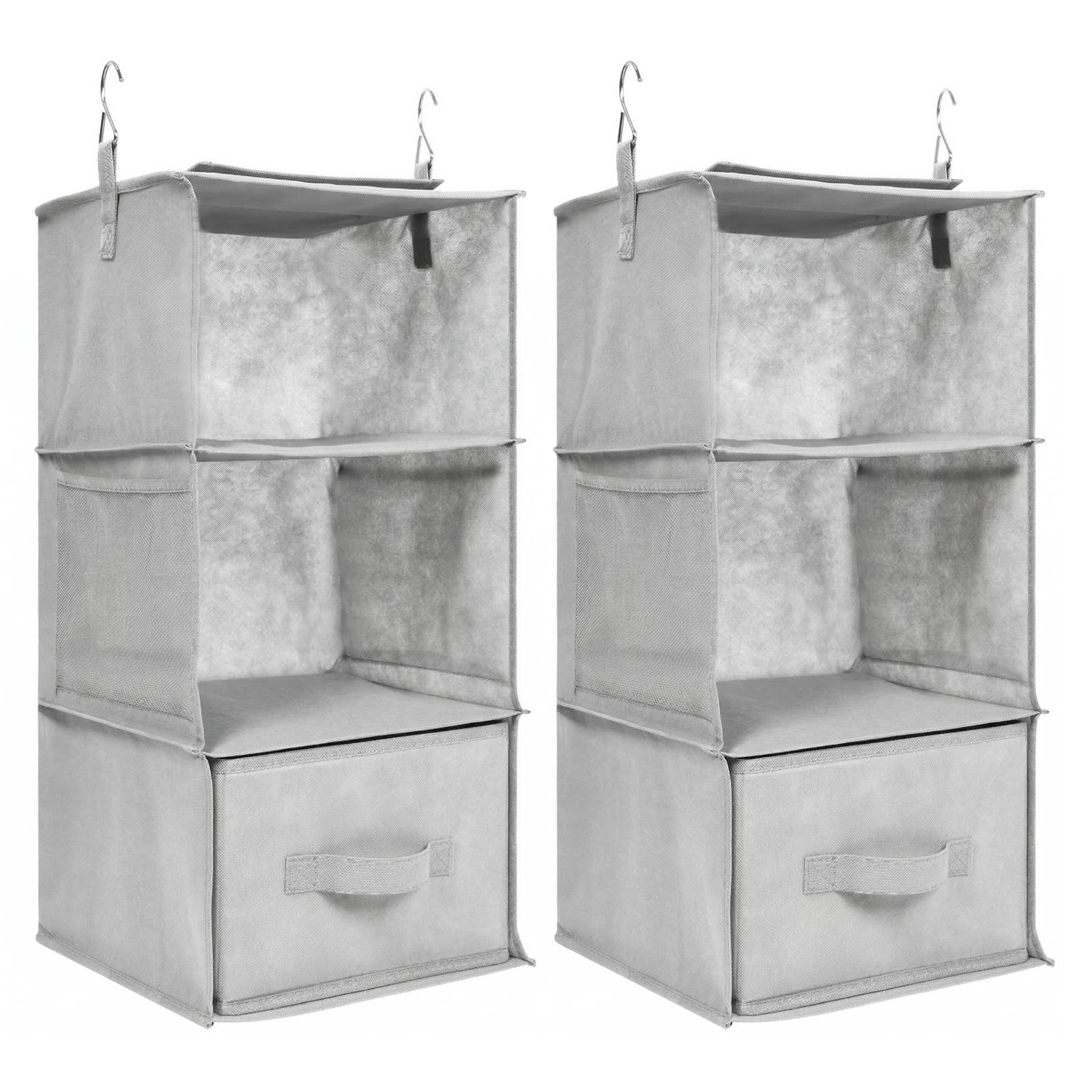 

2Pcs 3 Tier Hanging Closet Organizer Foldable Wardrobe Tiered Shelves with Drawer Mesh Pocket Miscellaneous Luggage Storage Bag