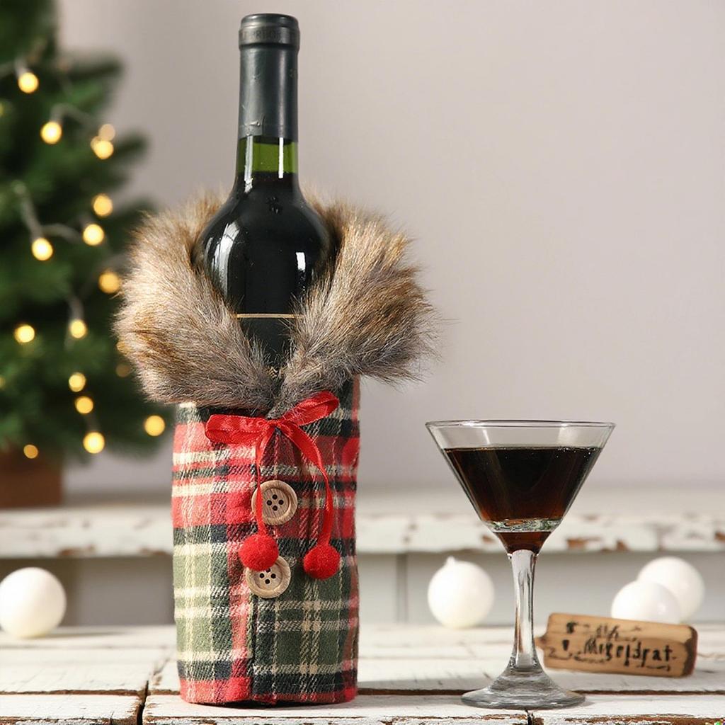 Mingguan Christmas Plaid Fur Collar Wine Bottle Cover & Bag