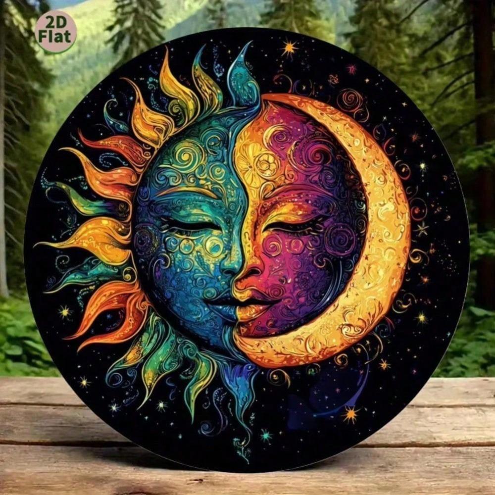 2D Flat Yin Yang Wall Art Dual Sided Aluminum Sun Moon Decor Vibrant Hues On Black Background For Home