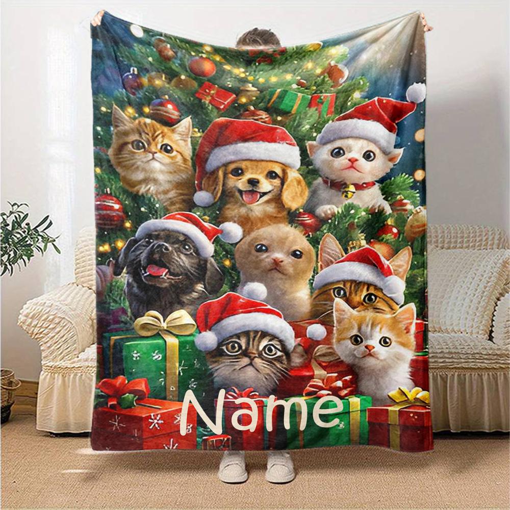 Custom Name Christmas Dog Theme Printed Blanket - Perfect for Couch, Bed, Travel & Outdoor Use | Machine Washable, Cozy & Durable.