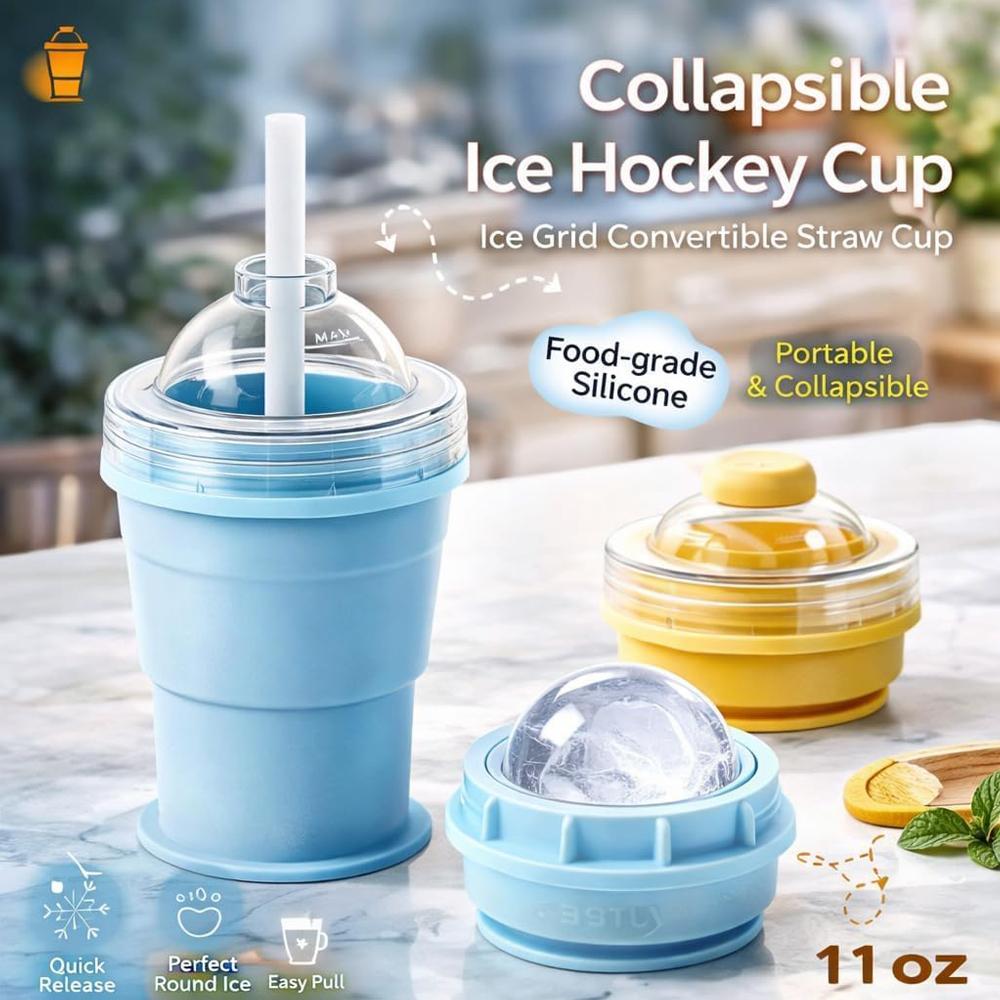 2-in-1 Collapsible Silicone Ice Ball Maker Cup, Reusable Portable Ice Sphere Mold with Straw & Lid, Easy Demolding, Leakproof