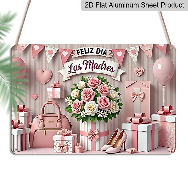

2D Flat, 1pc Feliz Día De Las Madres Fashion & Gift Plaque, 12 ×8 - Pink Rose & Accessory Decor Sign - Aluminium Wall Hanging Decoration, Stylish 20*30cm