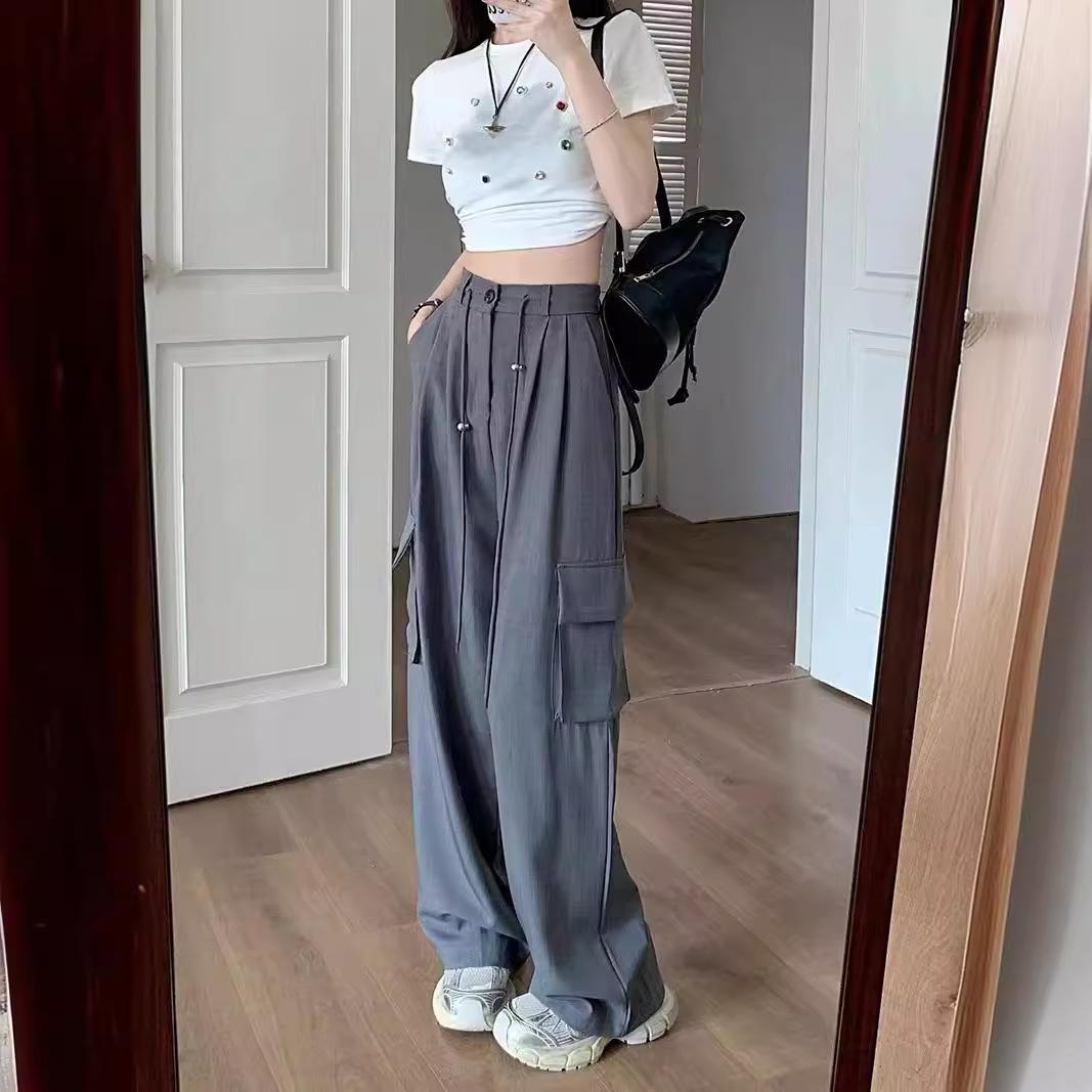 

Брюки для спецодежды, летние женские повседневные брюки больших размеров, прямые драпированные свободные широкие брюки M серый