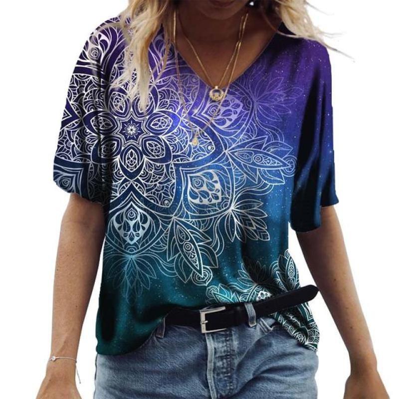 Summer Flower T-Shirts Floral 3D Print Women V-Neck Short Sleeve T Shirt Streetwear