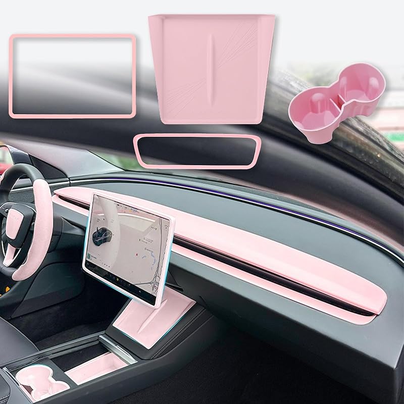 4PCS Center Console Wireless Charger Mat Silicone For 2025 Tesla New Model Y Juniper Cup Holder Ert, Screen Edge Protector Frame, Rear View Mirror