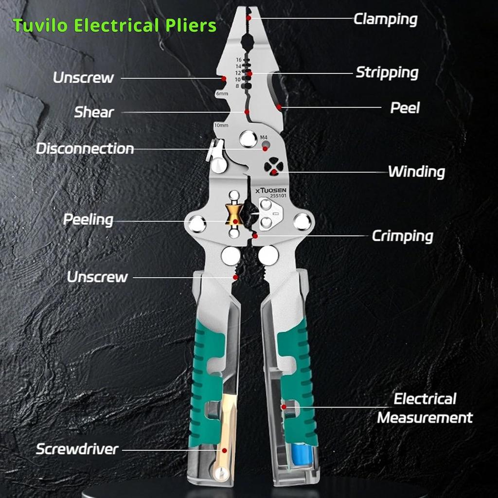 8-in-1 Electrical Pliers with Voltage Tester Multifunction Wire Stripper & Crimper Tool & Electricity Measurement, Ergonomic Grip