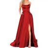 Women's Spaghetti Strap Satin Long Evening Dress High Slit Pocket Bridesmaid Formal Gown
