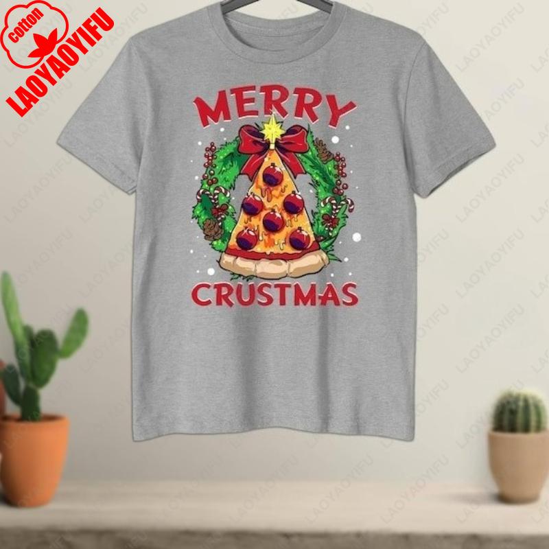 Christmas Tree Balls Xmas Crustmas Gifts TShirt Fun Pizza Slice Pattern for Holiday Wear Clothing Men Women Cotton Vintage Tops