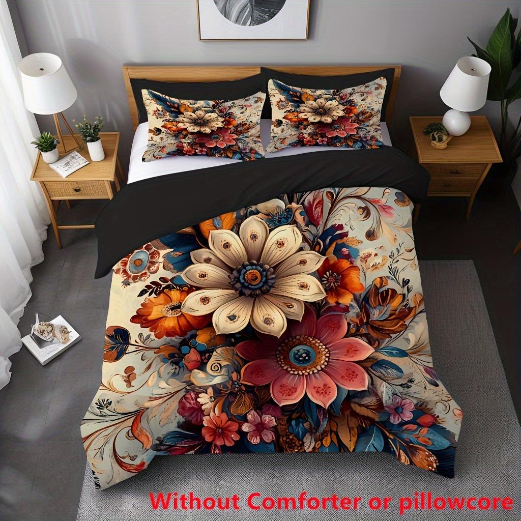 

2/3pcs Bohemian Watercolor Floral Print Duvet Cover Set 1 Duvet Cover + 1/2Pillowcase, Without Core Soft Comfortable Duvet Cover (135x200cm)