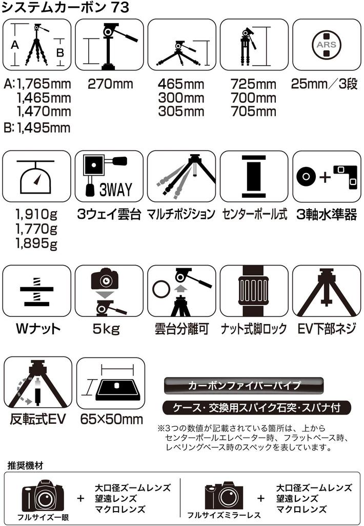 SLIK System Carbon 73 Carbon Nut Accessory Part Number 109274 Tripod, 3-Section, Locking, 3-Way Head, Port,