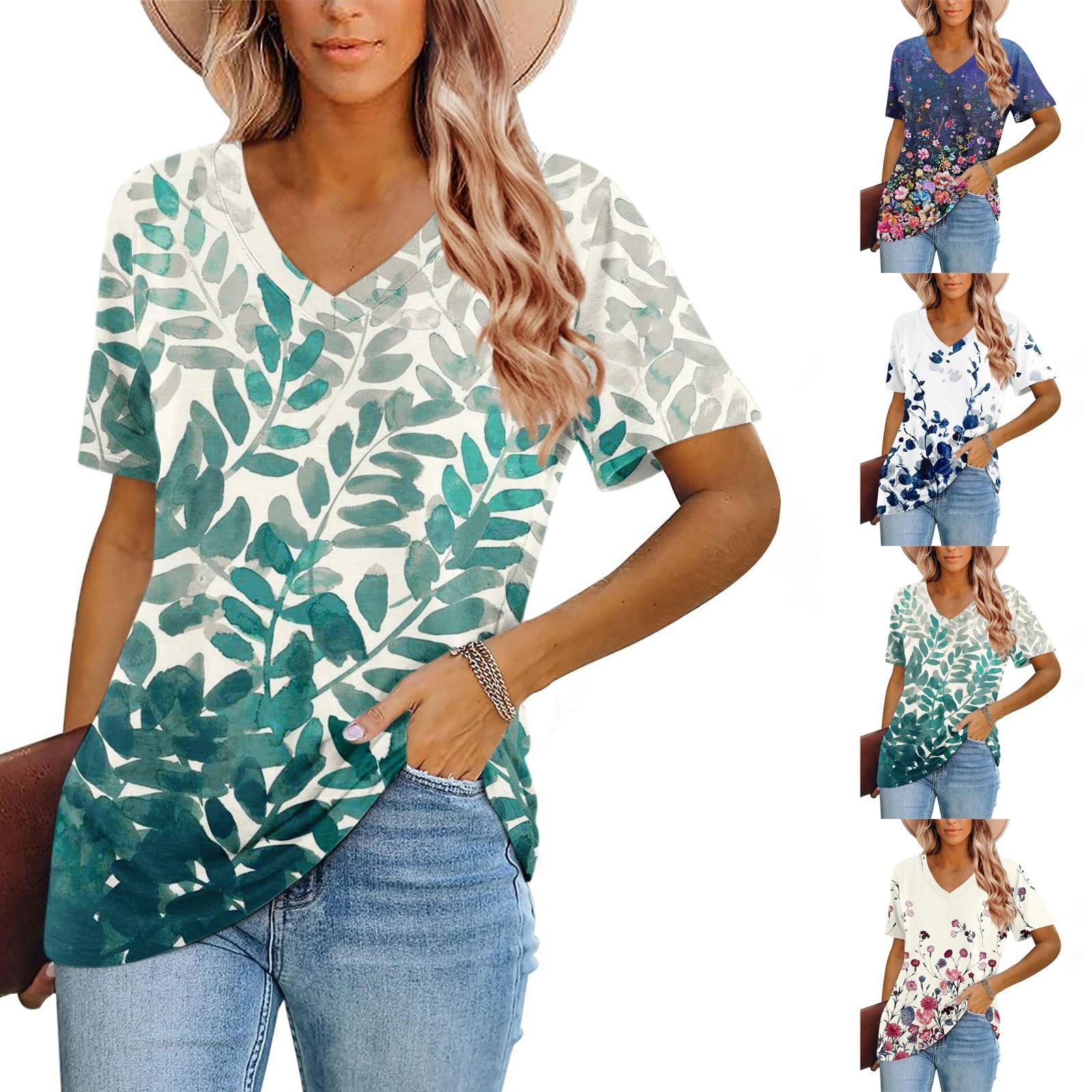 

(Острая курица)Женские топы с коротким рукавом, летние топы с цветочным принтом, V-образный вырез, приталенные футболки с короткими рукавами, рубашки, весенняя блузка