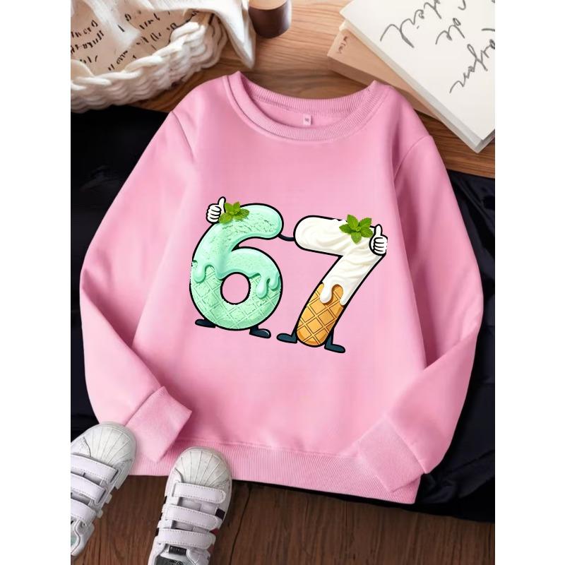 Unisex Kids Crewneck Sweatshirt For Over 4 Years Old Boys Girls Cartoon Mint Cream Waffle Ice Cream Shaped Number 67 Pullover Top For 4-12 Children