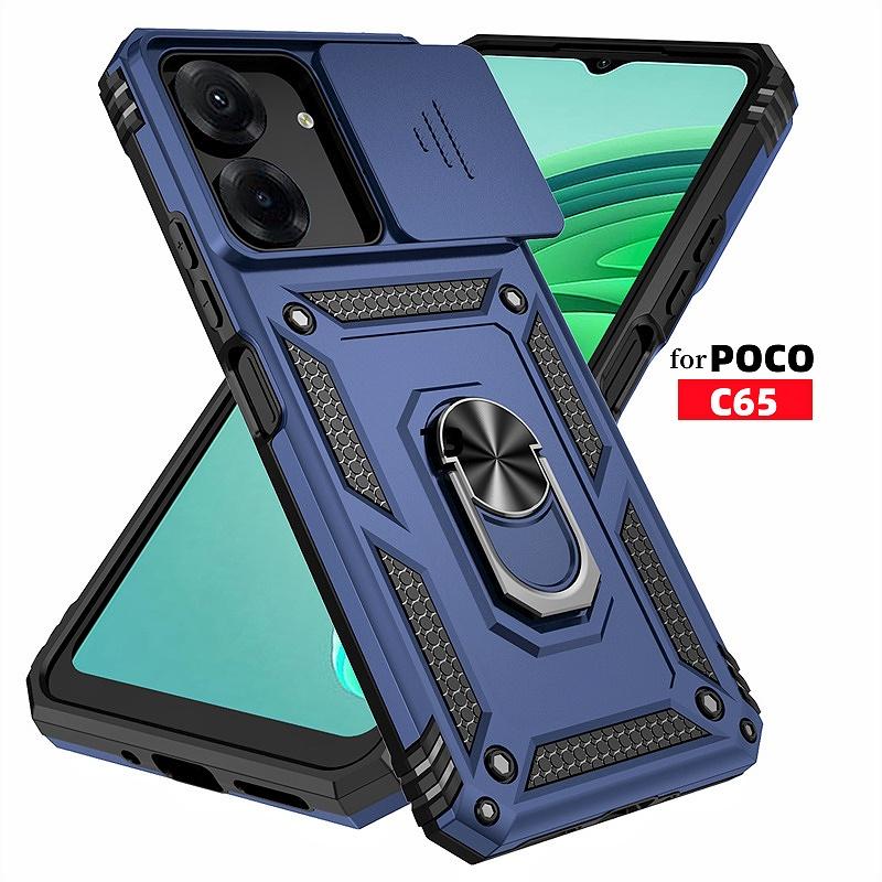 For Xiaomi Poco C65 Case Slide Lens Protector Armor Back Cover For Poko Little C65 C 65 65C 4G PocoC65 Ring Stand Fundas Coque