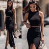 2025 Summer New Western Style Top Waist Bag Hip Slit Sexy Knitted Skirt Vest Short dress Set