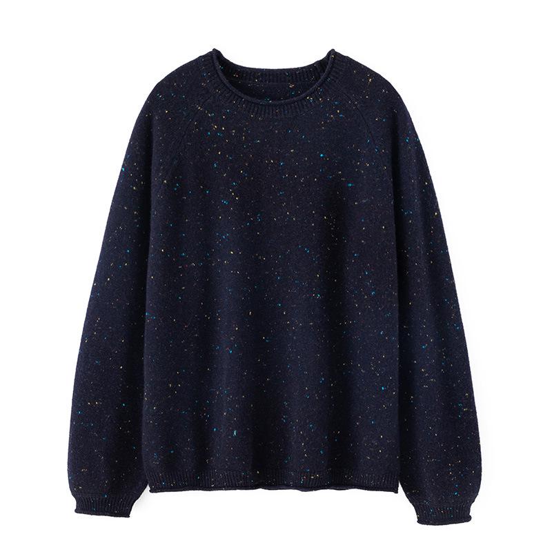 Women's Round Neck Cashmere Sweater - Rolled Hem, Marled Dot Yarn, Warm Knit for Autumn/Winter