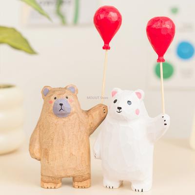 Wooden Crafts Desk Decor Hand-Carved Cute Wooden White Brown Bear with Balloon SculptureCreative Home Decor, Wooden Craft Gift